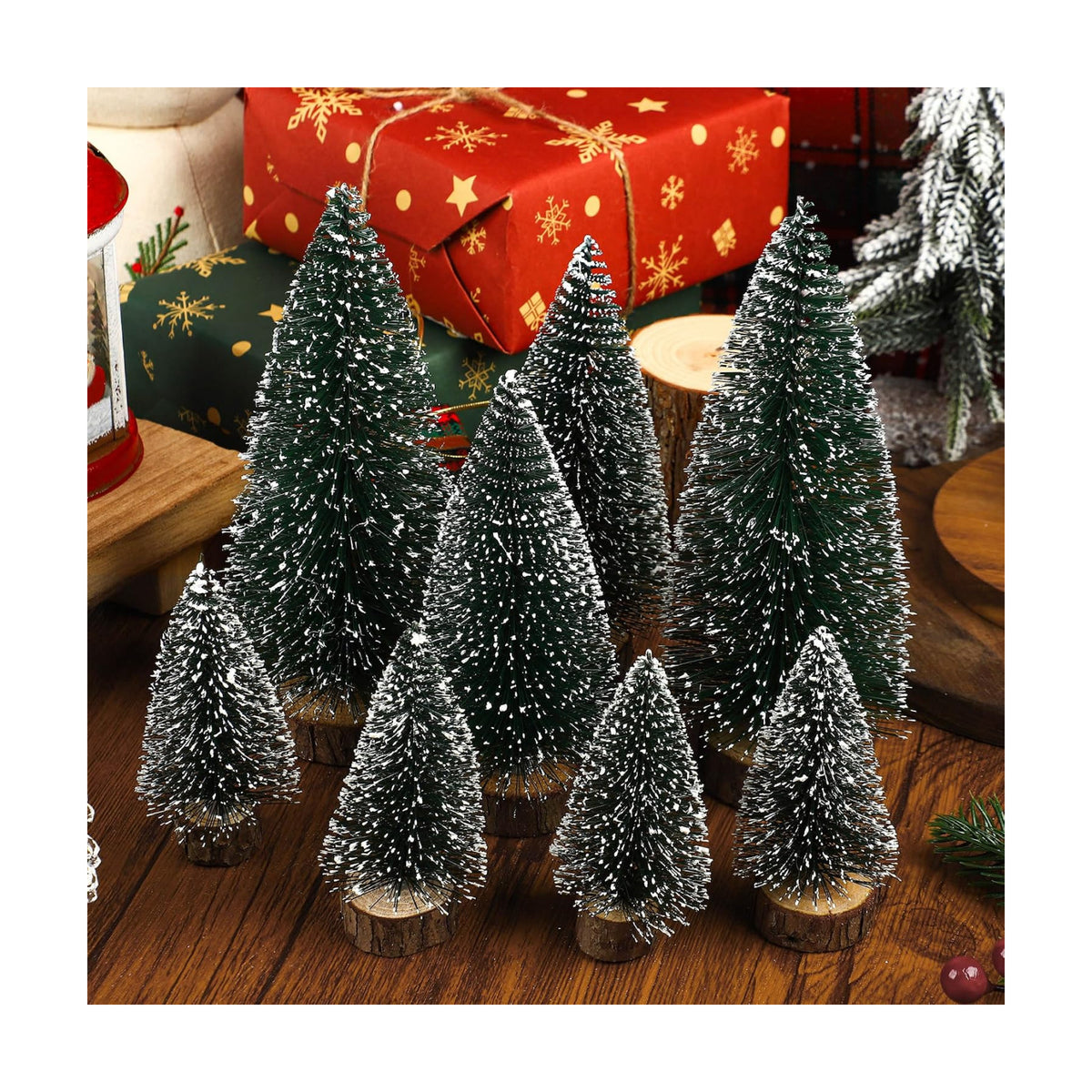 8 PCS Christmas Mini Trees Artificial Sisal Snow Frost Christmas Trees in 3 Size Bottle Brush Xmas Tree with Wooden Base Mini Xmas Pine Tree for Winter Holiday Party Home Table Crafts Decoration
