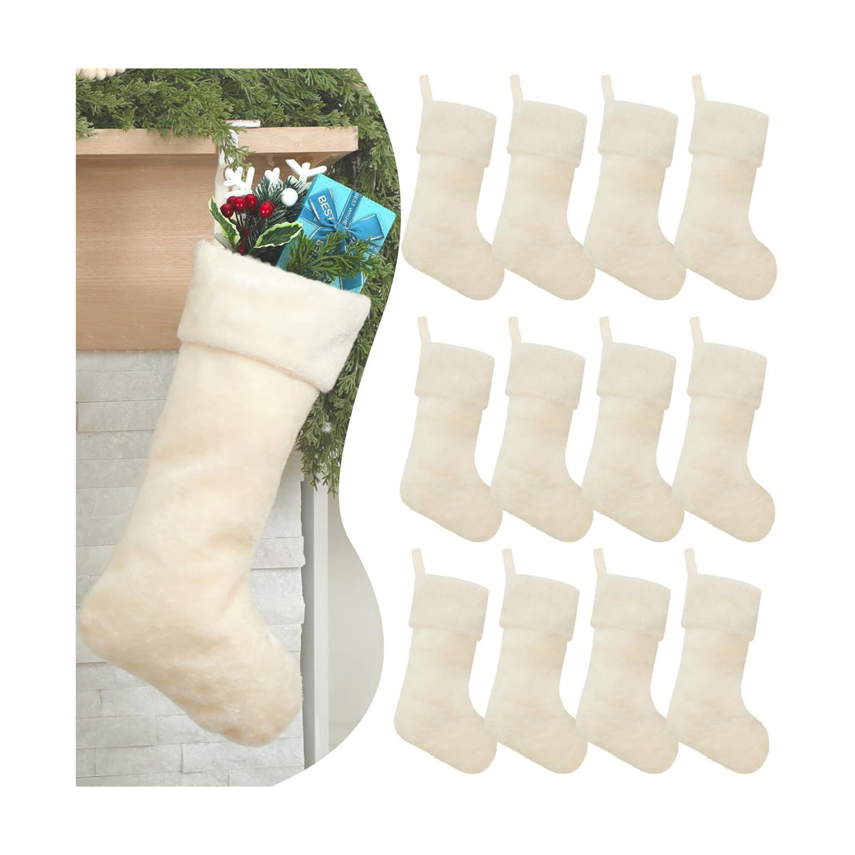 12 Pcs Christmas Stocking 18" Plush,Beige
