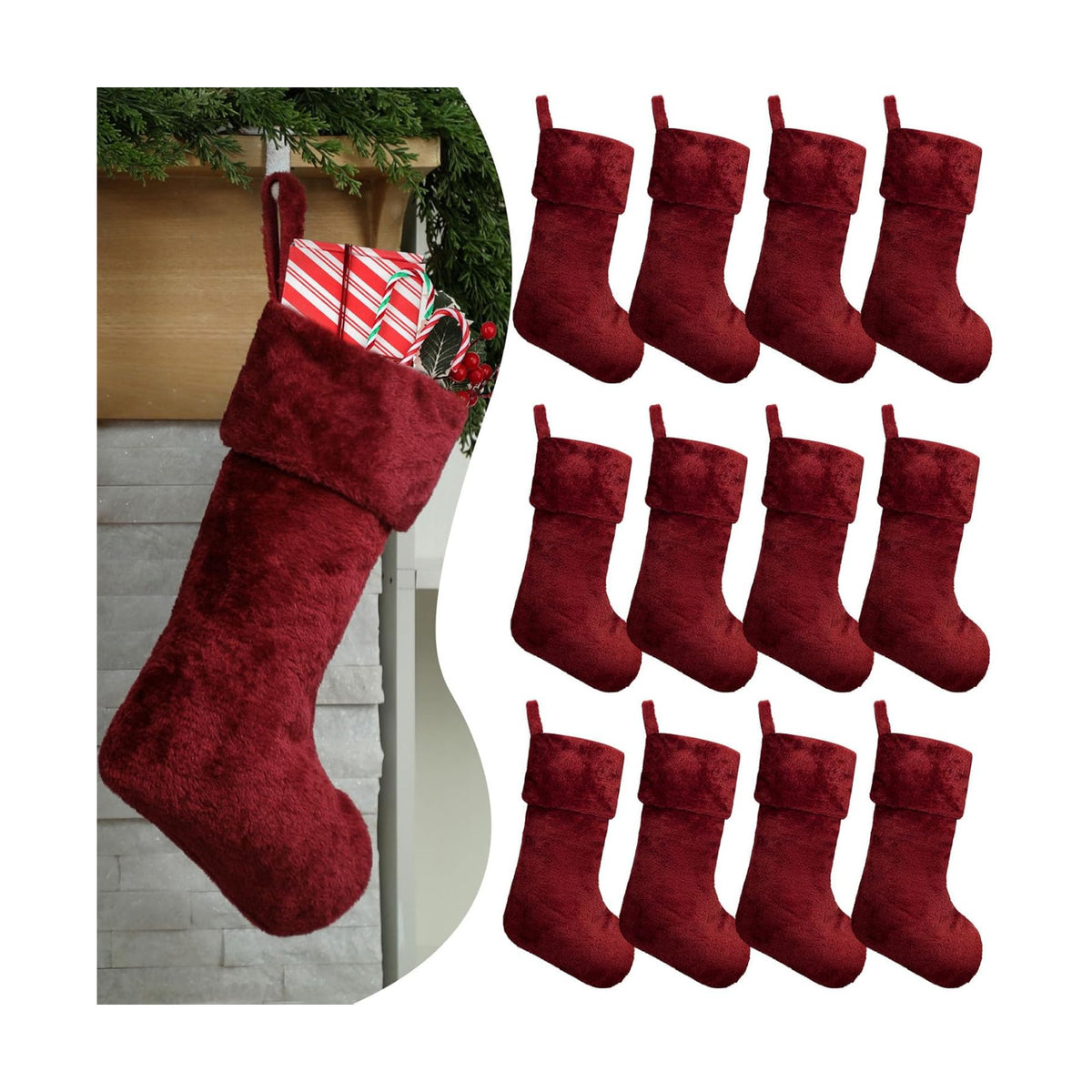 12 Pcs Christmas Stocking 18" Plush,Burgundy