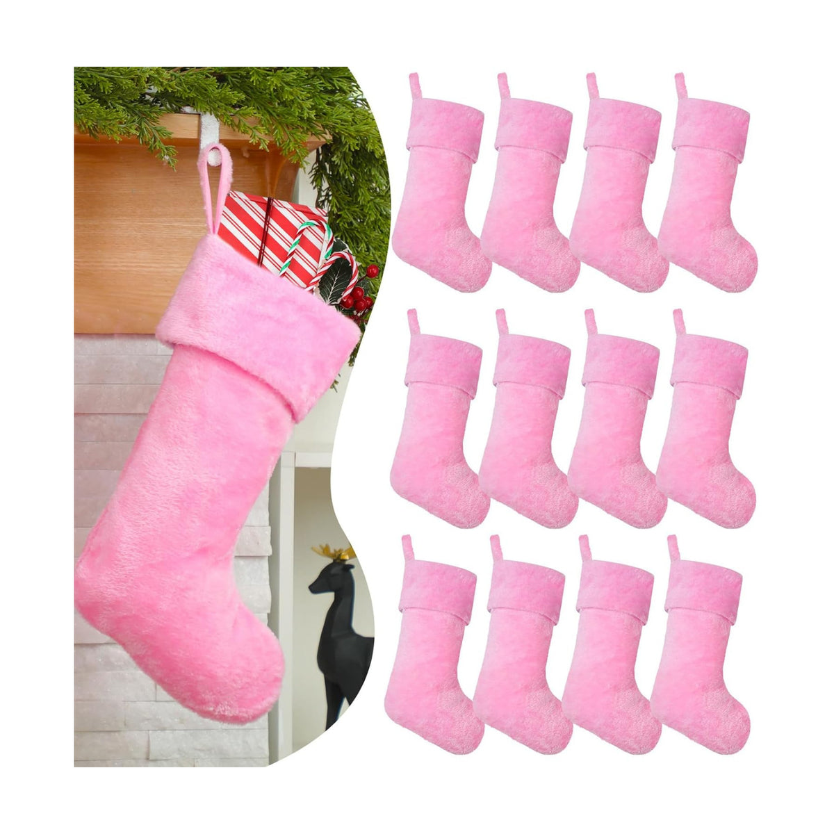 12 Pcs Christmas Stocking 18" Plush,Pink