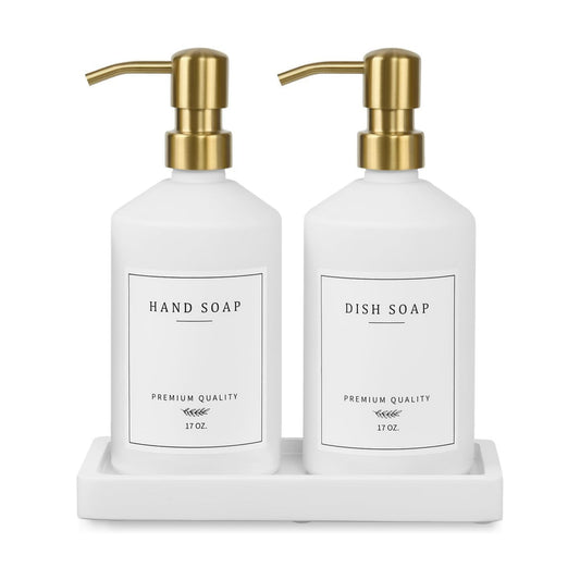Gold Soap Dispenser Set, Glass Hand and Dish Soap Dispenser Set with Tray,Stainless Pump,14 Stickers for
