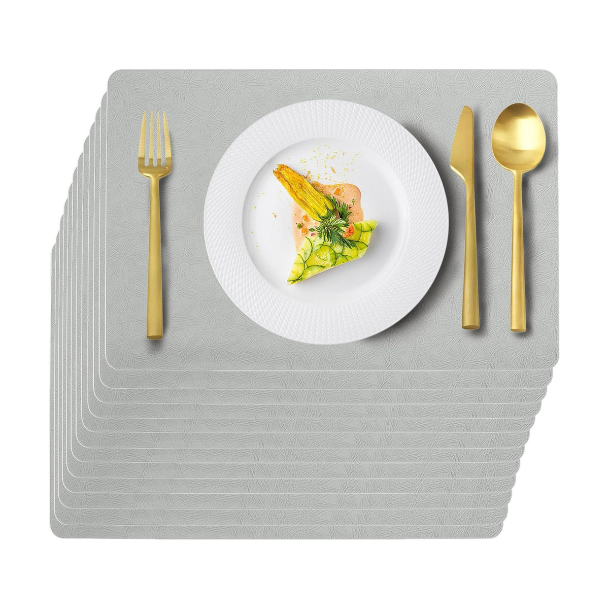 Gray Plastic Placemats Set of 12, Faux Leather Waterproof Table Mats | Light Gray Vinyl place mats,Wipeable and heat