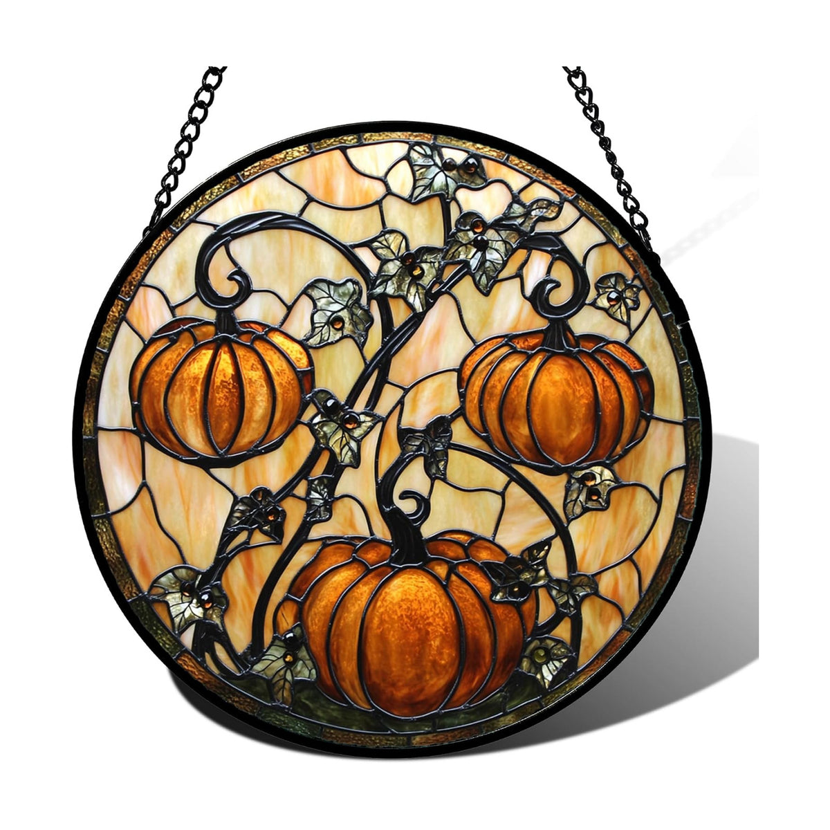 Halloween Orange Pumpkin Vine Leaves Stained Glass Window Hanging Gift 7.8"