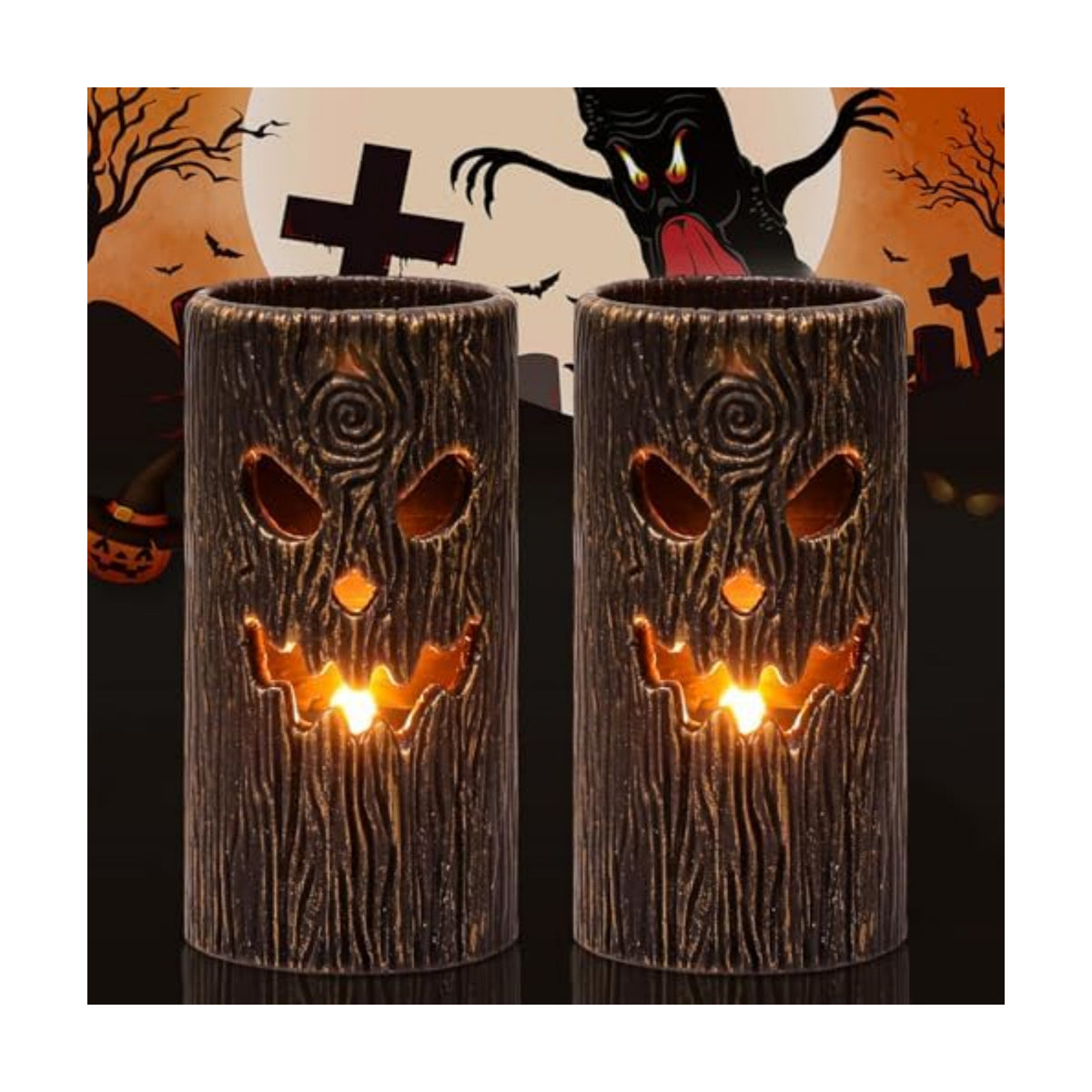 Halloween Flameless Candles, 2PCS Ghost Tree Carved Pillar Candles