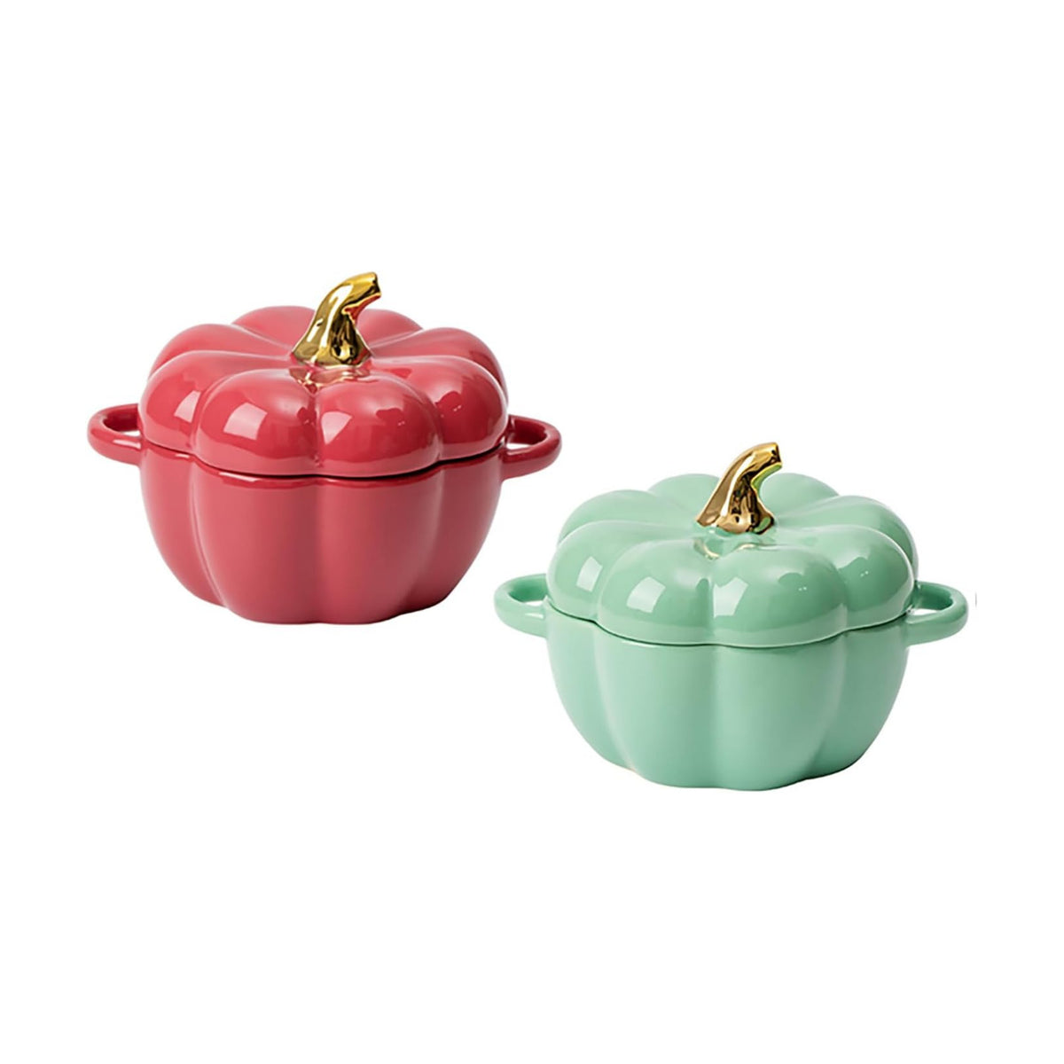 Pumpkin Bowl Set with Lid and Handle, Set of 2 Ceramic Ramekins for Baking, Casserole Dish Individual Severing Pot, Stoneware, Oven Safe, 14 Oz (Red and Green)