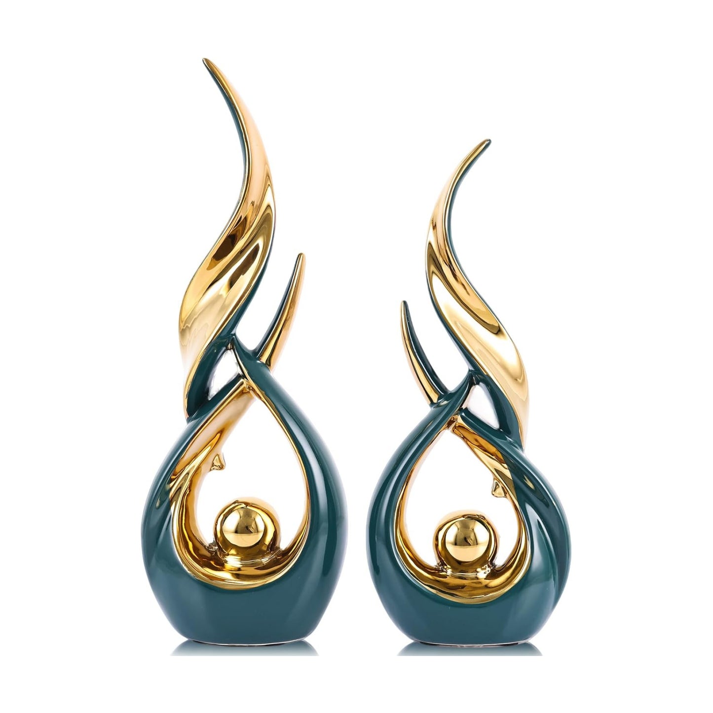 Gold Ceramic Abstract 2 Piece Statue Set / Green