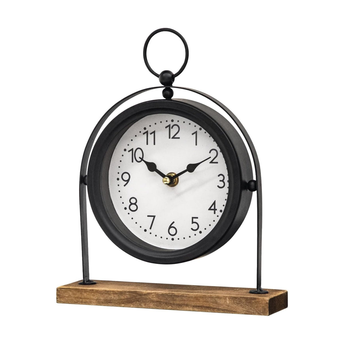 Vintage Small Table Clock, Black Metal Farmhouse Table Clock with Wooden Base, Silent Non-Ticking Battery Operated Desk