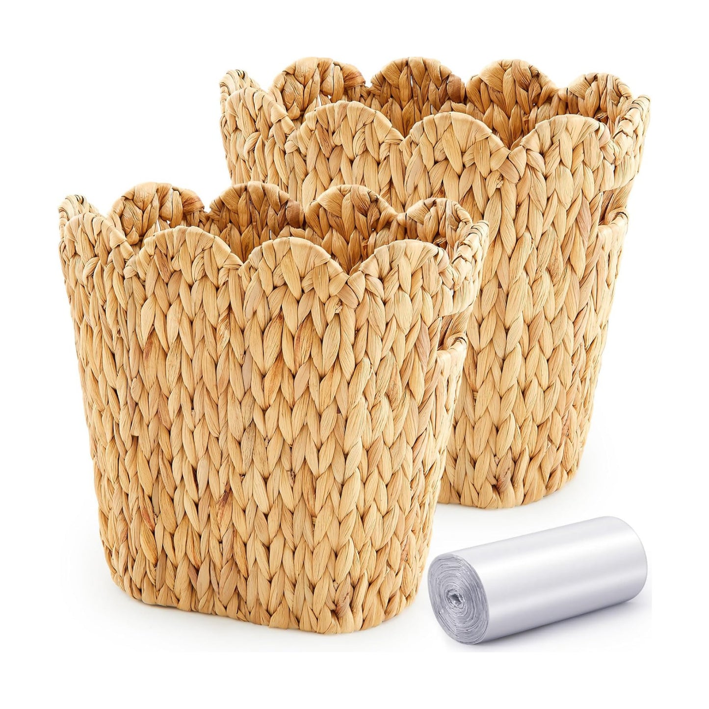 50 Small Trash Bag Wicker Waste Woven Basket / Calabash Vine / Scalloped Brim / Clear / Set of 2