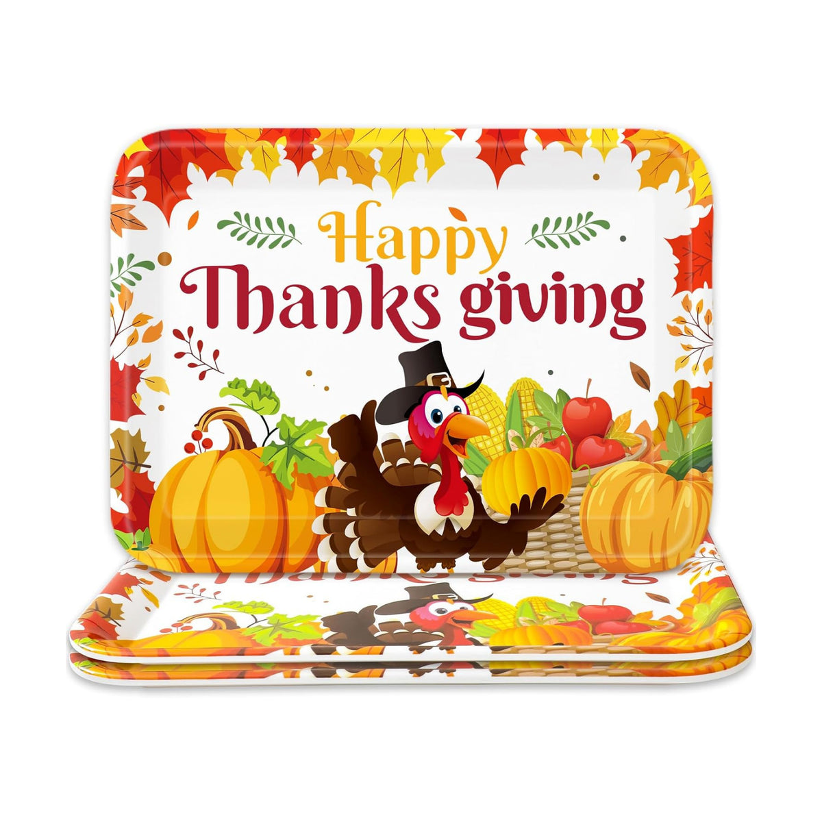 Whaline 3 Pcs Thanksgiving Day Serving Trays Turkey Pumpkin Maple Leaves Reusable Melamine Trays Platters for Fall Autumn Harvest Holiday Party Food Snack Dessert Decorations, 10 x 13 Inch