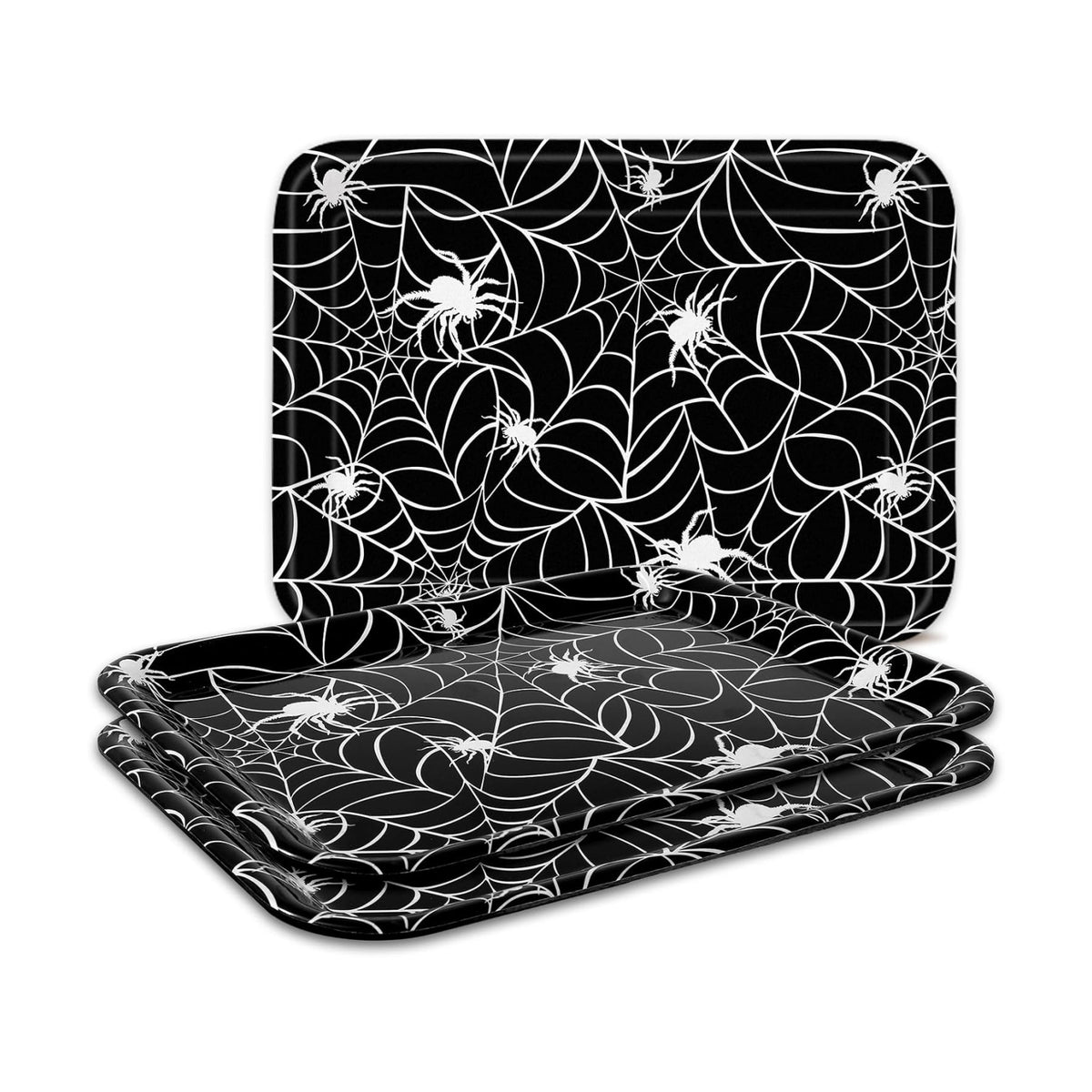 Whaline 3 Pcs Halloween Serving Trays Black White Spider Webs Reusable Melamine Trays Platters for Movie Night Birthday Holiday Party Food Supplies, 10 x 13 Inch