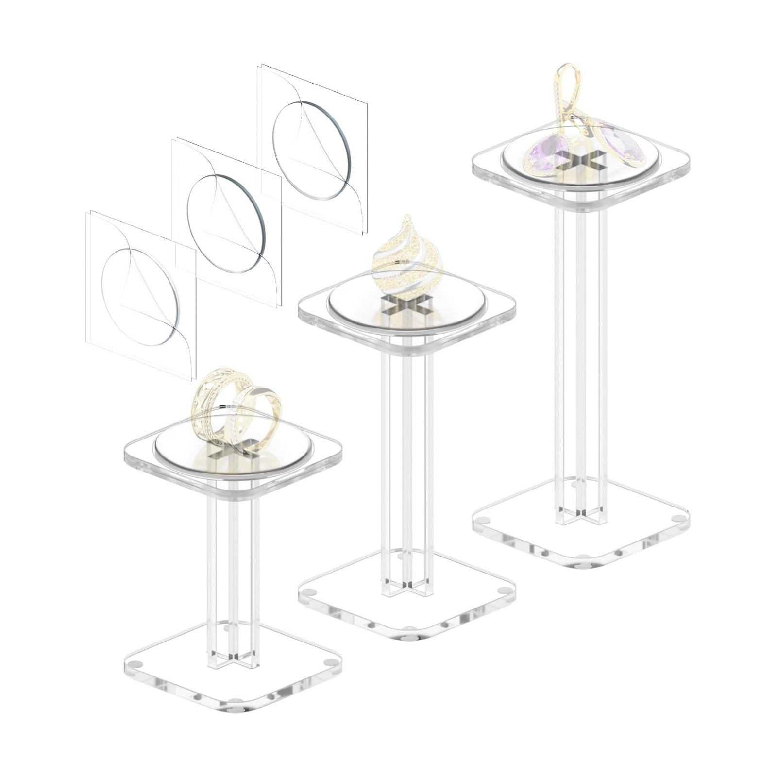 Display Stand Holder Tabletop Jewelry Showcase Square Pedestal Shelf / Clear / Set of 3