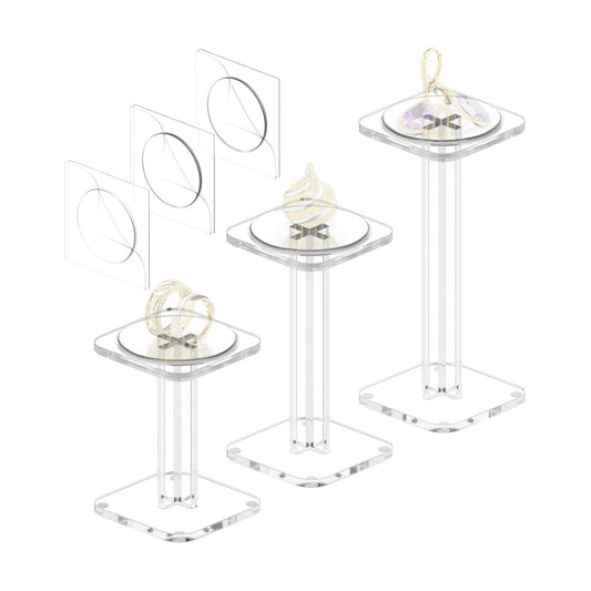Display Stand Holder Tabletop Jewelry Showcase Square Pedestal Shelf / Clear / Set of 3
