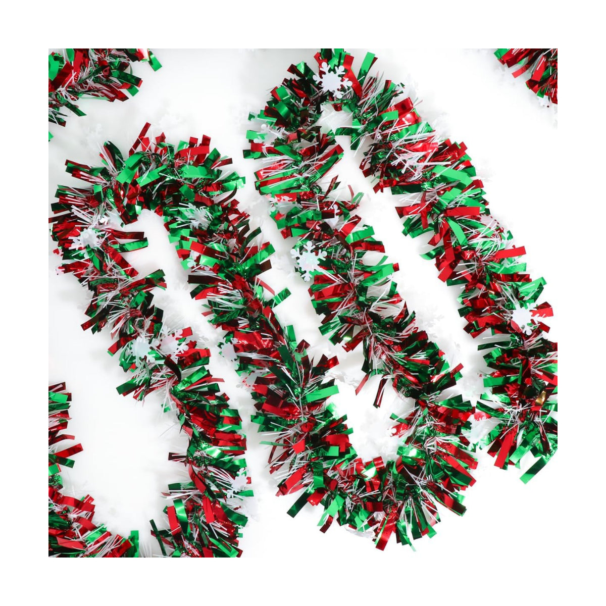 50 Feet Green Red Christmas Metallic Tinsel Twist Hanging Garland with Snowflake for Home Mantle Xmas Tree Staircase Railing New Year Holiday Party Indoor Outdoor Decorations