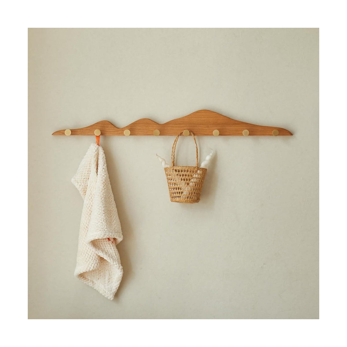 Wall Coat Rack, Cherry Wood, 8 Hooks | Elegant, Solid Coat Hanger, Wall Mount with Brass Hooks, Moisture-Resistant Wax