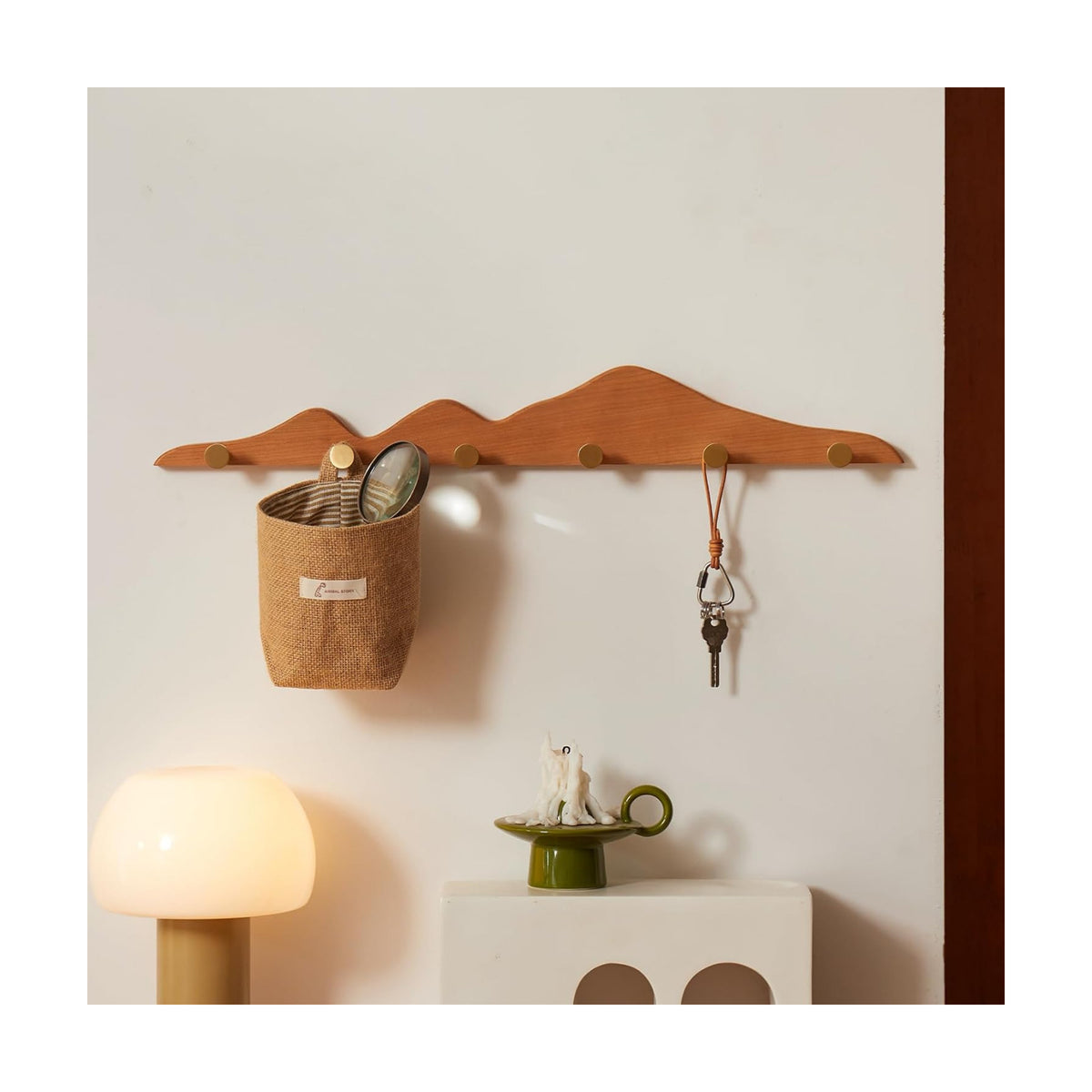Wall Coat Rack Cherry Wood 6 Hooks | Elegant, Solid Coat Hanger, Wall Mount with Brass Hooks, Moisture-Resistant Wax