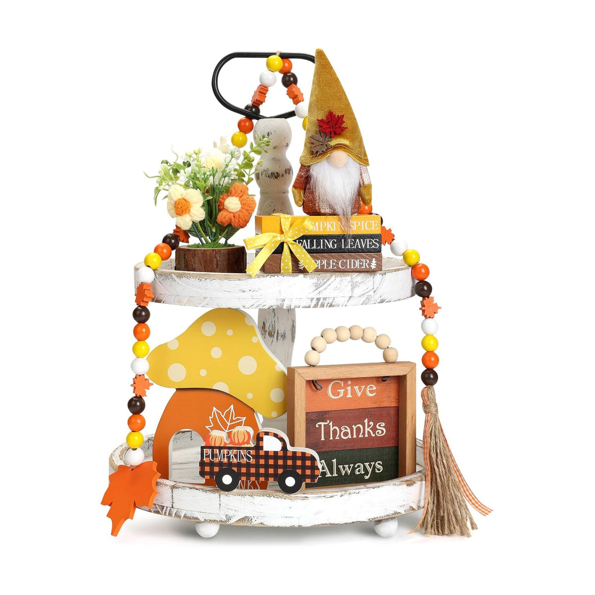 7 pcs Thanksgiving Tiered Tray Fall Decor Set, Gnome Truck Thanksgiving Wood Plaque Wooden Bead String Decorations, Fall Decorations for Home Kitchen Fireplace Farmhouse Office Fall Decoration