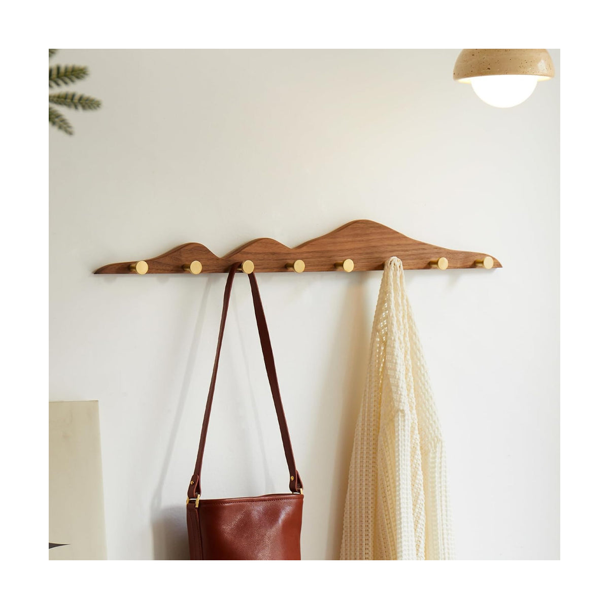 Wall Coat Rack, Walnut Wood, 8 Hooks | Elegant, Solid Coat Hanger Wall Mount, Brass Hooks, Moisture-Resistant Wax Oil