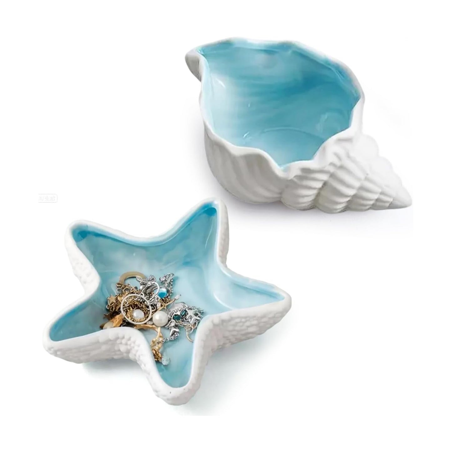Ceramic Jewelry Tray Starfish Conch Shape Aqua Shell Trinket Plate Ceramic Conch Shell / Set of 2
