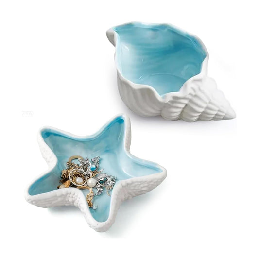 Ceramic Jewelry Tray Starfish Conch Shape Aqua Shell Trinket Plate Ceramic Conch Shell / Set of 2