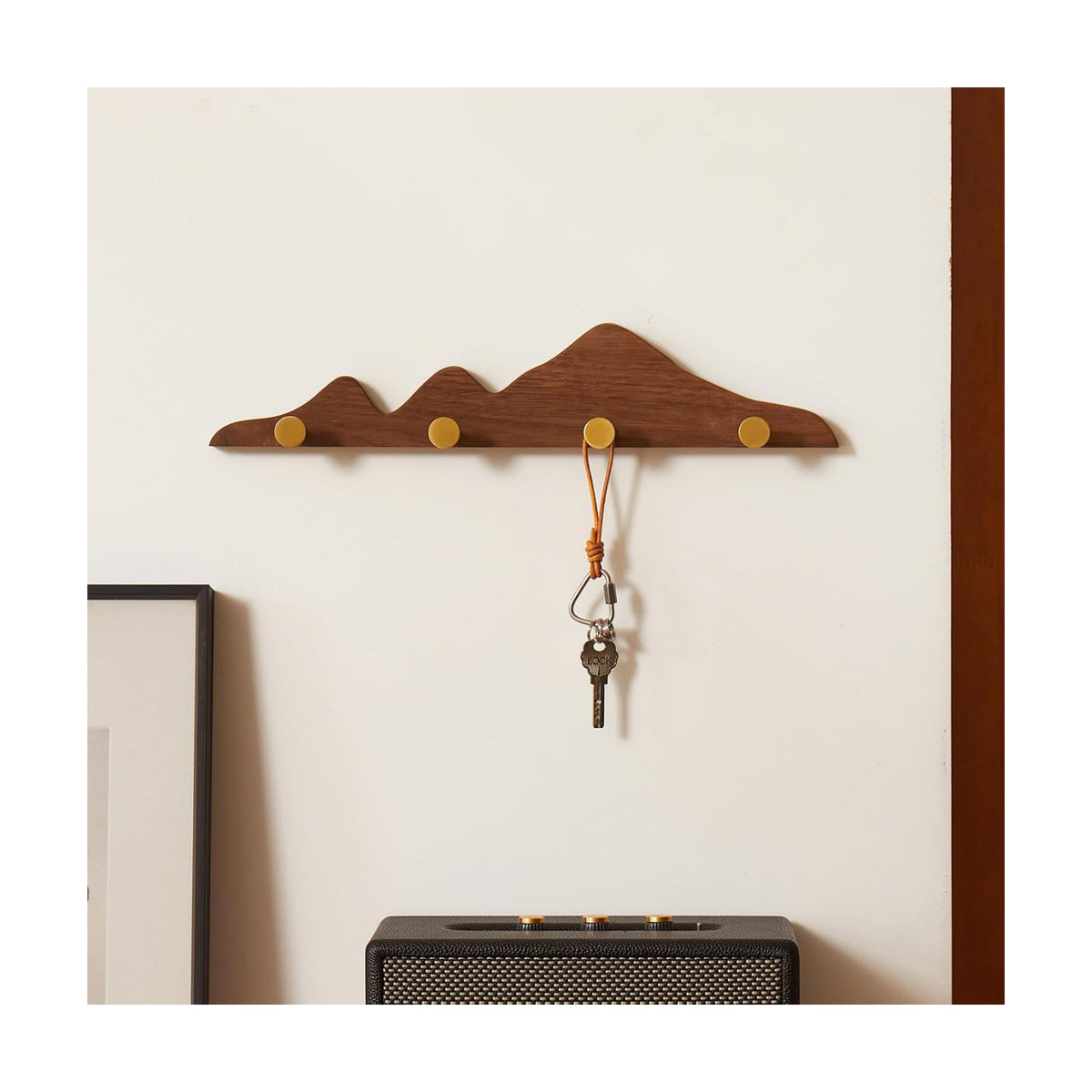 Wall Coat Rack, Walnut Wood, 4 Hooks | Elegant, Solid Coat Hanger Wall Mount, 4 Brass Hooks, Moisture-Resistant Wax Oil