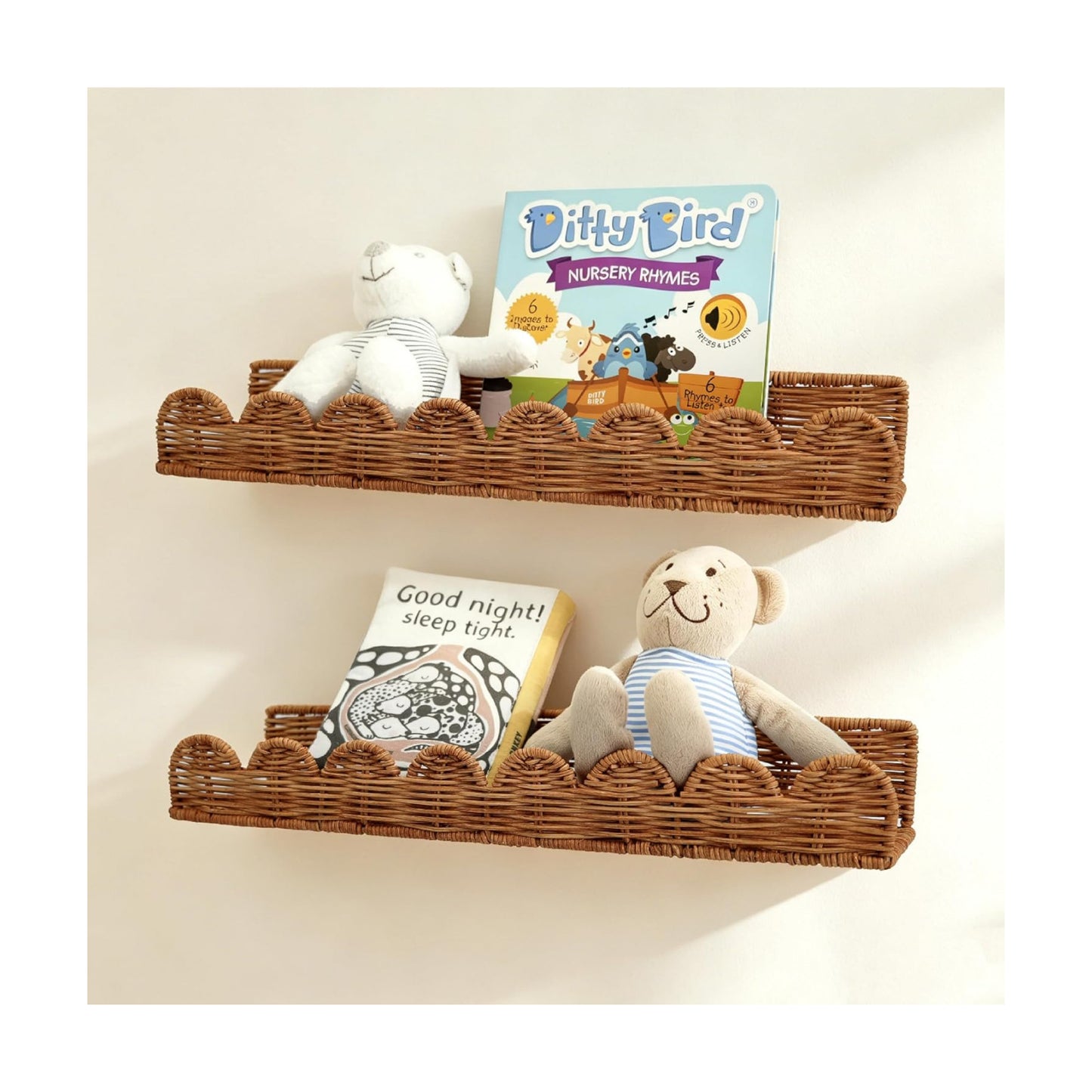 Natural Rattan Scalloped Floating Shelves / Brown