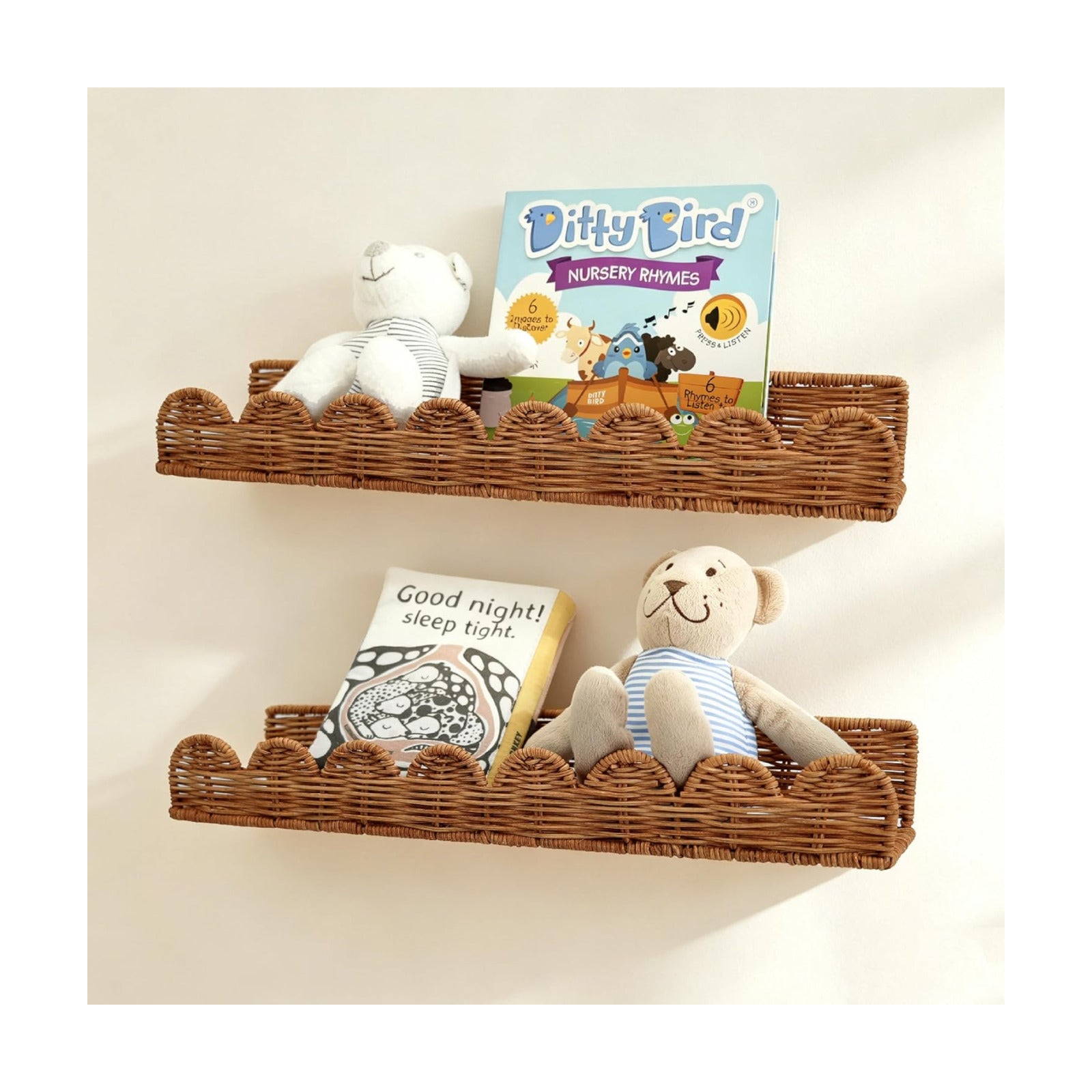 Natural Rattan Scalloped Floating Shelves / Brown