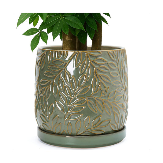 D'vine Dev Embossed Leaves Ceramic Planter, 10 in, Olive, 27-A-P-0