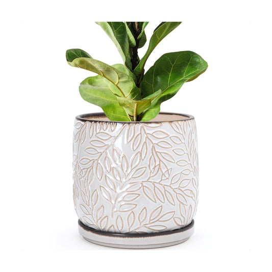 D'vine Dev Embossed Leaves Ceramic Planter, 8 in, Smoked White, 27-A-Q-1