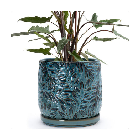 D'vine Dev Embossed Leaves Ceramic Planter, 8 in, Ocean Teal, 27-A-Q-8