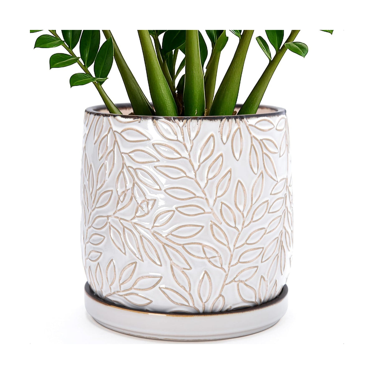 D'vine Dev Embossed Leaves Ceramic Planter, 10 in, Smoked White, 27-A-P-1