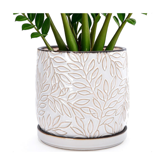D'vine Dev Embossed Leaves Ceramic Planter, 10 in, Smoked White, 27-A-P-1