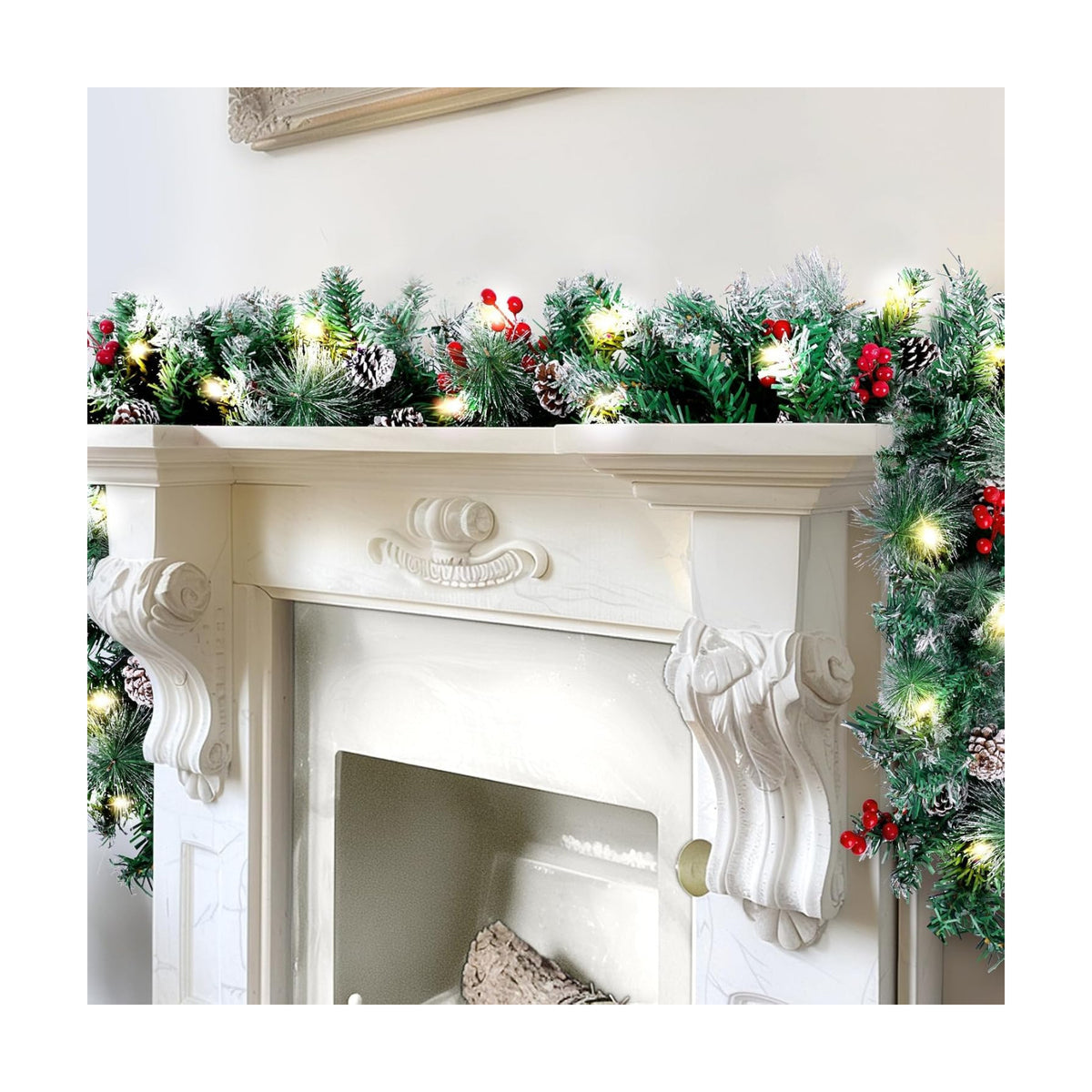 BlessedSeason 9FT Christmas Garland with Lights, Timer Artificial Lighted Garland Indoor for Stairs, Fireplace, 50 Lights Green Garland, Christmas Decoration with Cones & Red Berries & Pine Needle