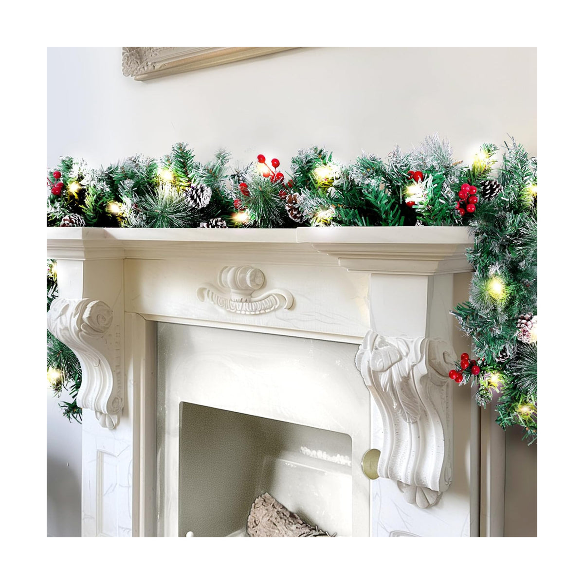 BlessedSeason 6FT Christmas Garland with Lights, Artificial Lighted Garland Indoor for Stairs, Fireplace, 30 Lights Green Garland, Cones & Red Berries & Pine Needle
