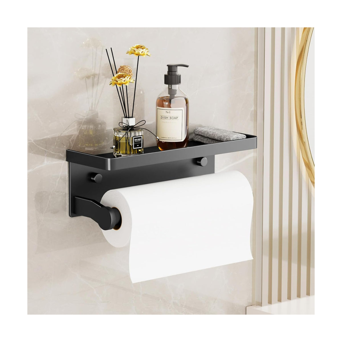 Black Paper Towel Holder with Shelf, Wall Mount Paper Towel Holder for Bathroom Kitchen, Hand Towel Rack Holder,Paper