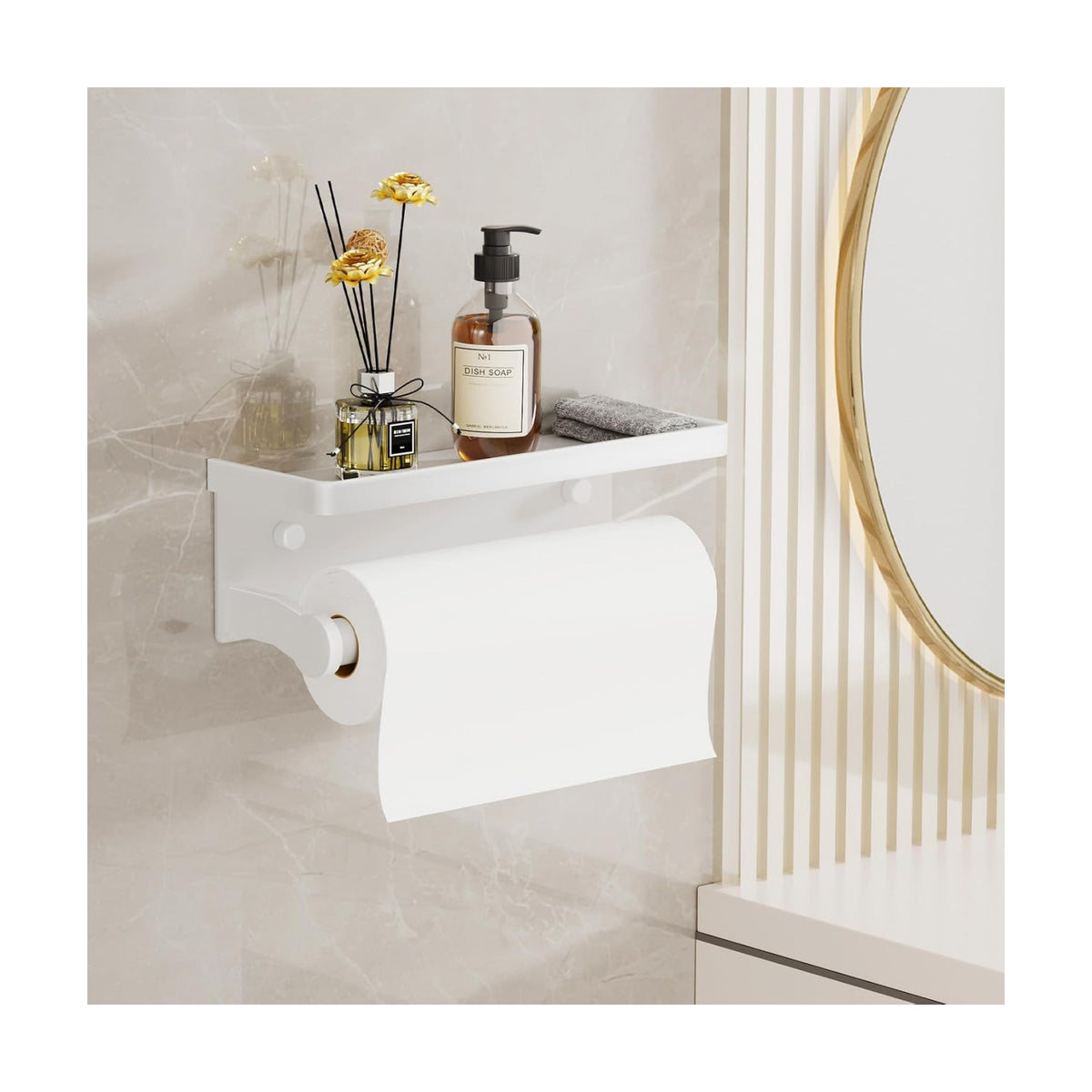 White Paper Towel Holder with Shelf, Wall Mount Paper Towel Holder for Bathroom Kitchen, Hand Towel Rack Holder,Paper