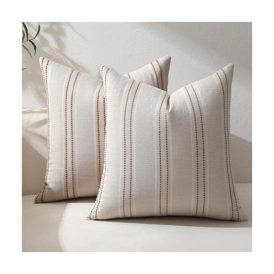 Fall Throw Pillow Covers Striped Pillow Covers Textured Linen / Caramel / 18 x 18 / Set of 2