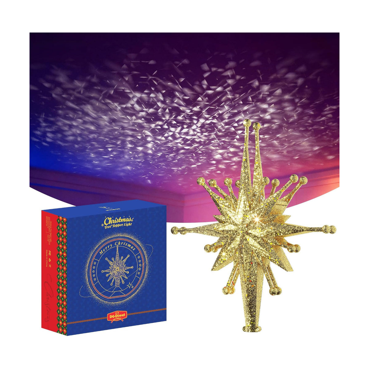 DG-Direct Christmas Tree Topper with Wide Coverage Light, Starlight Gold