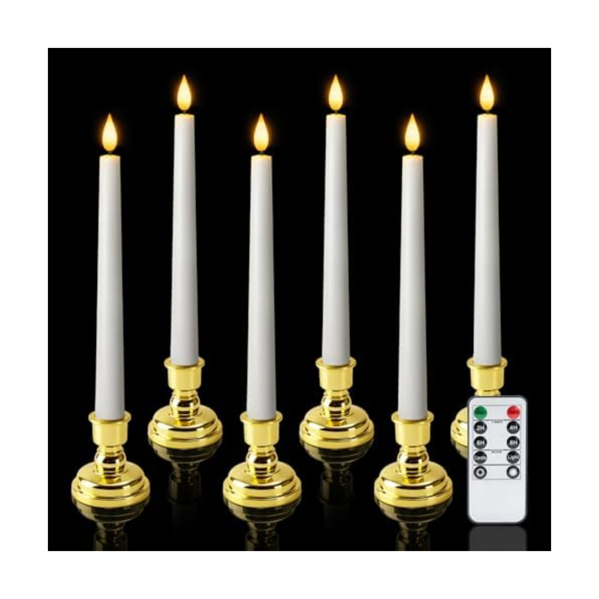 6 Pcs Window Candles with Gold Holders, Flameless Taper Candles with Remote and Timer, White LED Christmas Candle for Home Window Holiday Xmas Decor