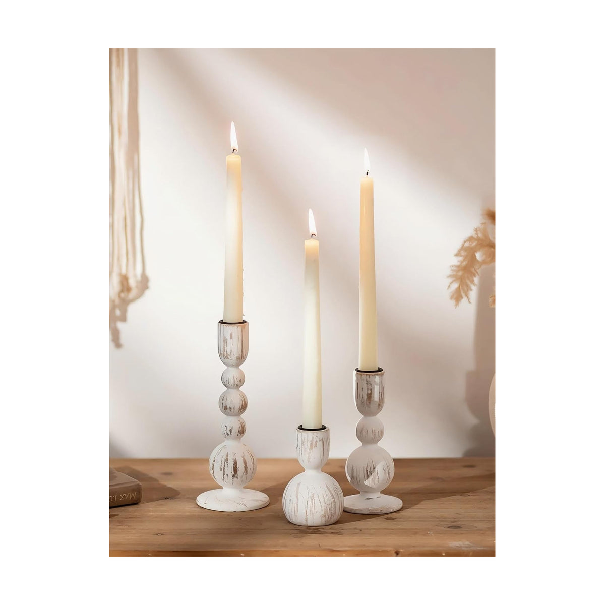 NUPTIO Wooden Taper Candle Holders, Set of 3 White Candlesticks