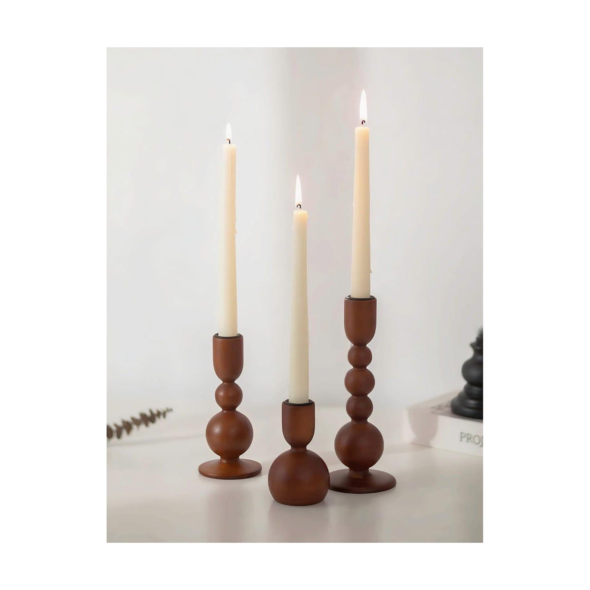 NUPTIO Wooden Taper Candle Holders, Set of 3 Brown Candlesticks | Natural Wood, MCM Design, Dining Table Centerpiece