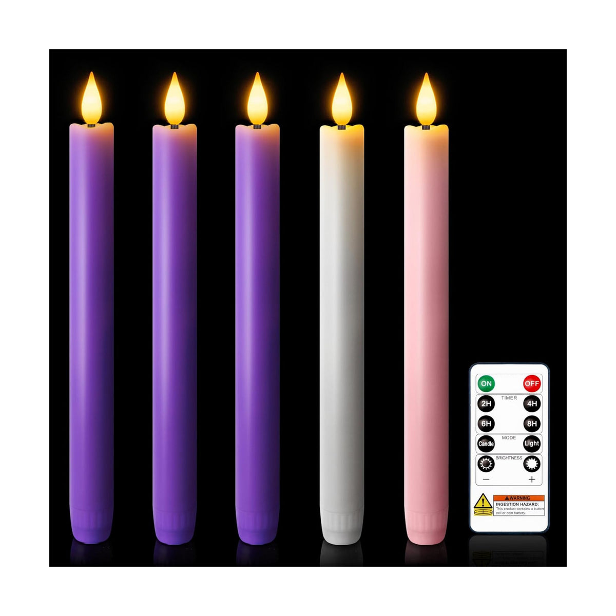 LED Advent Candles Set of 5, Flameless Taper Candles with Remote, Battery Operated Taper Candlestick Flickering, 3