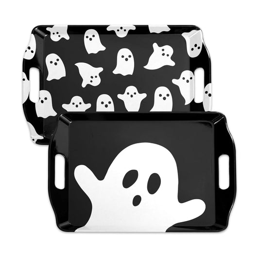 JarThenaAMCS 4 Pcs Halloween Ghost Serving Tray Black White Cute Ghost Handled Melamine Board Trick or Treat Serving Platter for Home Party Food Supplies