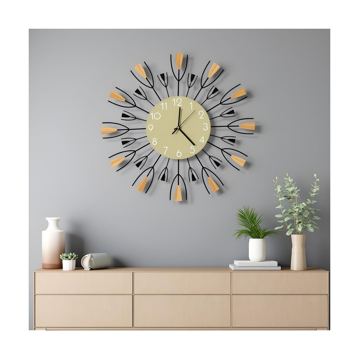 24 Inch Large Modern Mid Century Sunburst Wall Clock | Decorative Silent Non-Ticking Battery Operated Metal Analog