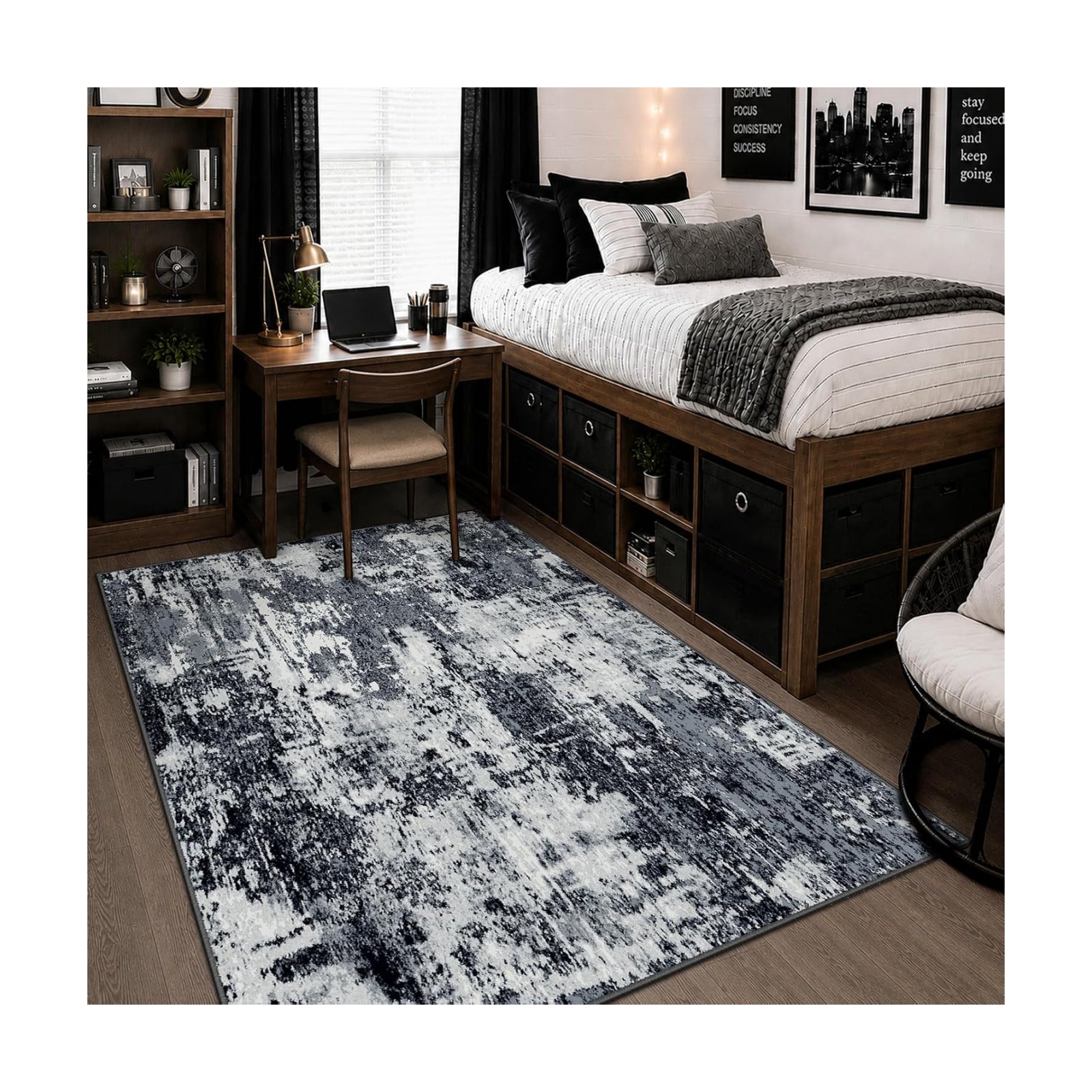 RELEANY Washable 4'x6' Abstract Area Rug for Living Room Black White