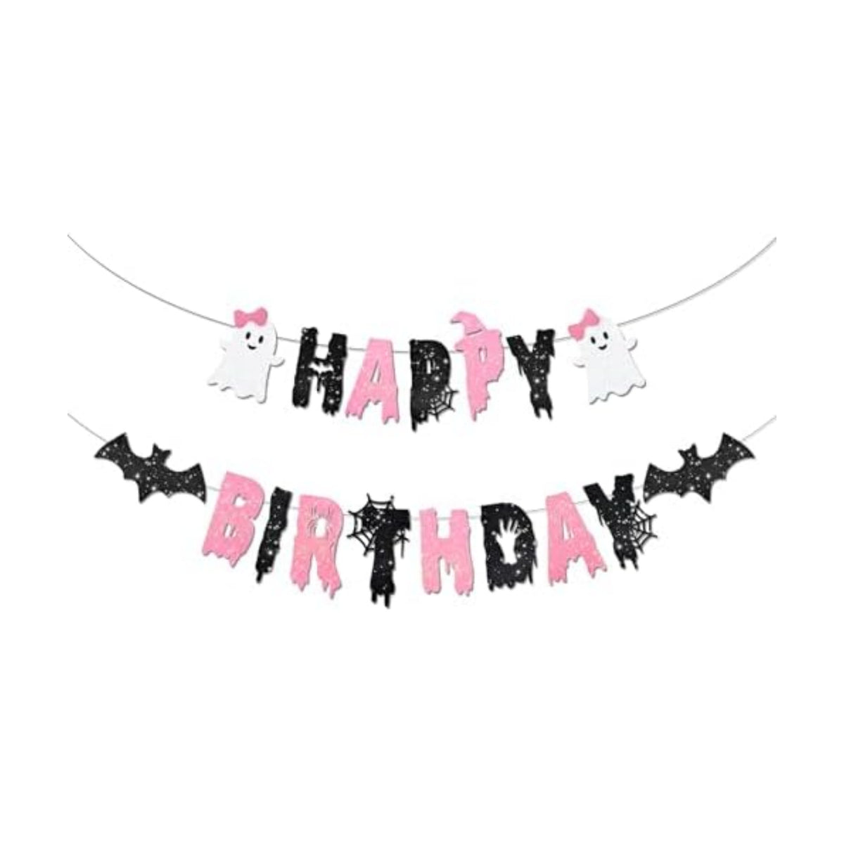 Pink Halloween Happy Birthday Banner – Cute Ghost and Bat Design with Glitter Letters and Spider Web Accents – Girly Halloween Party Decoration for Kids or Spooky Birthday Celebrations