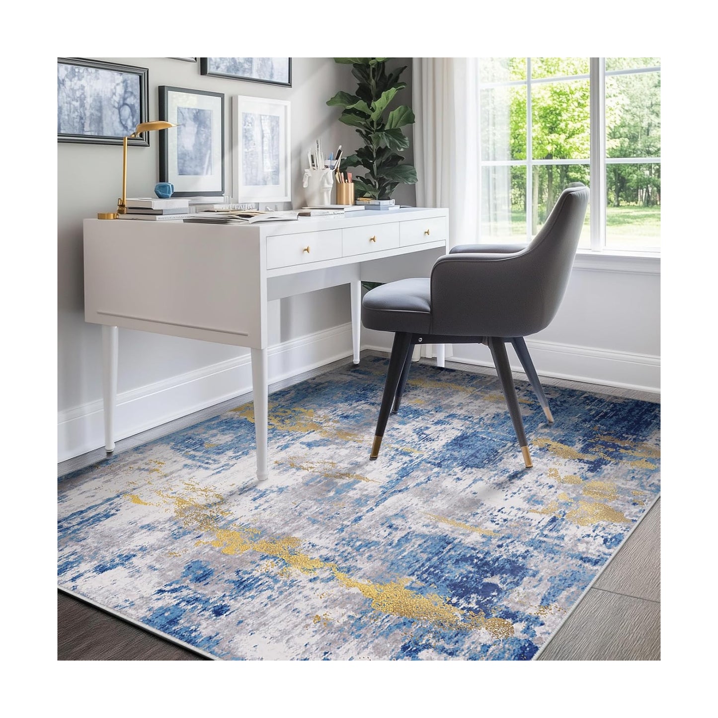 RELEANY Washable 4'x6' Abstract Area Rug for Living Room Blue Gold