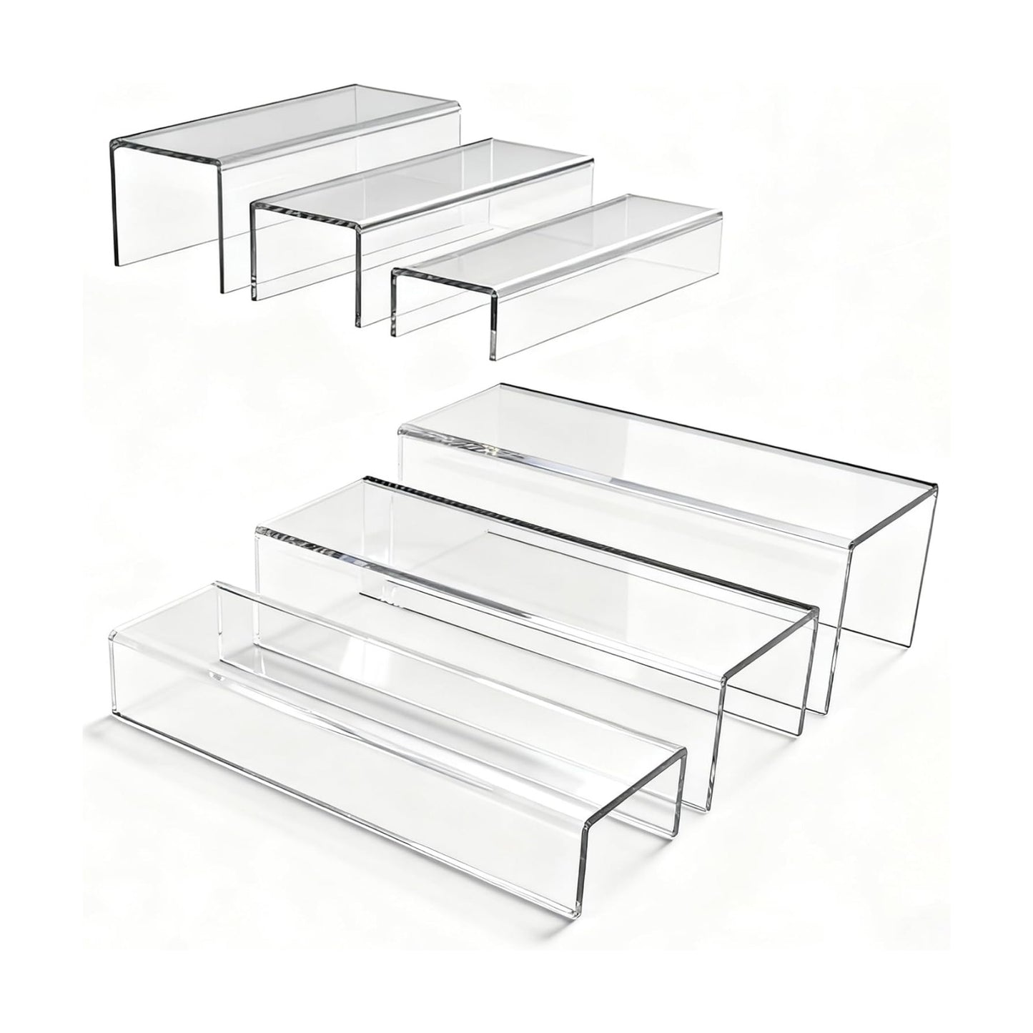 MerryNine Clear Acrylic Display Risers Stable Multi-Size | 6-Piece Set (8.66" base). Great for cosmetics, figurines