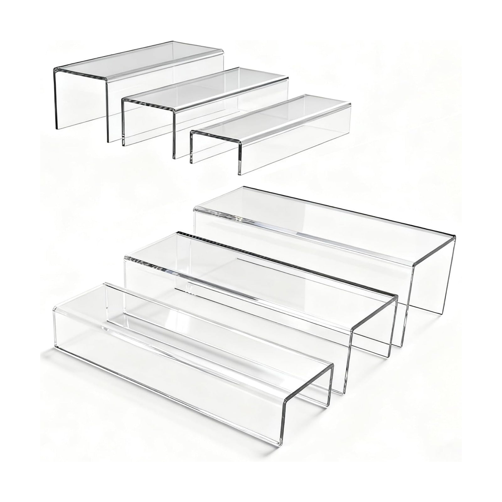 MerryNine Clear Acrylic Display Risers Stable Multi-Size | 6-Piece Set (8.66" base). Great for cosmetics, figurines