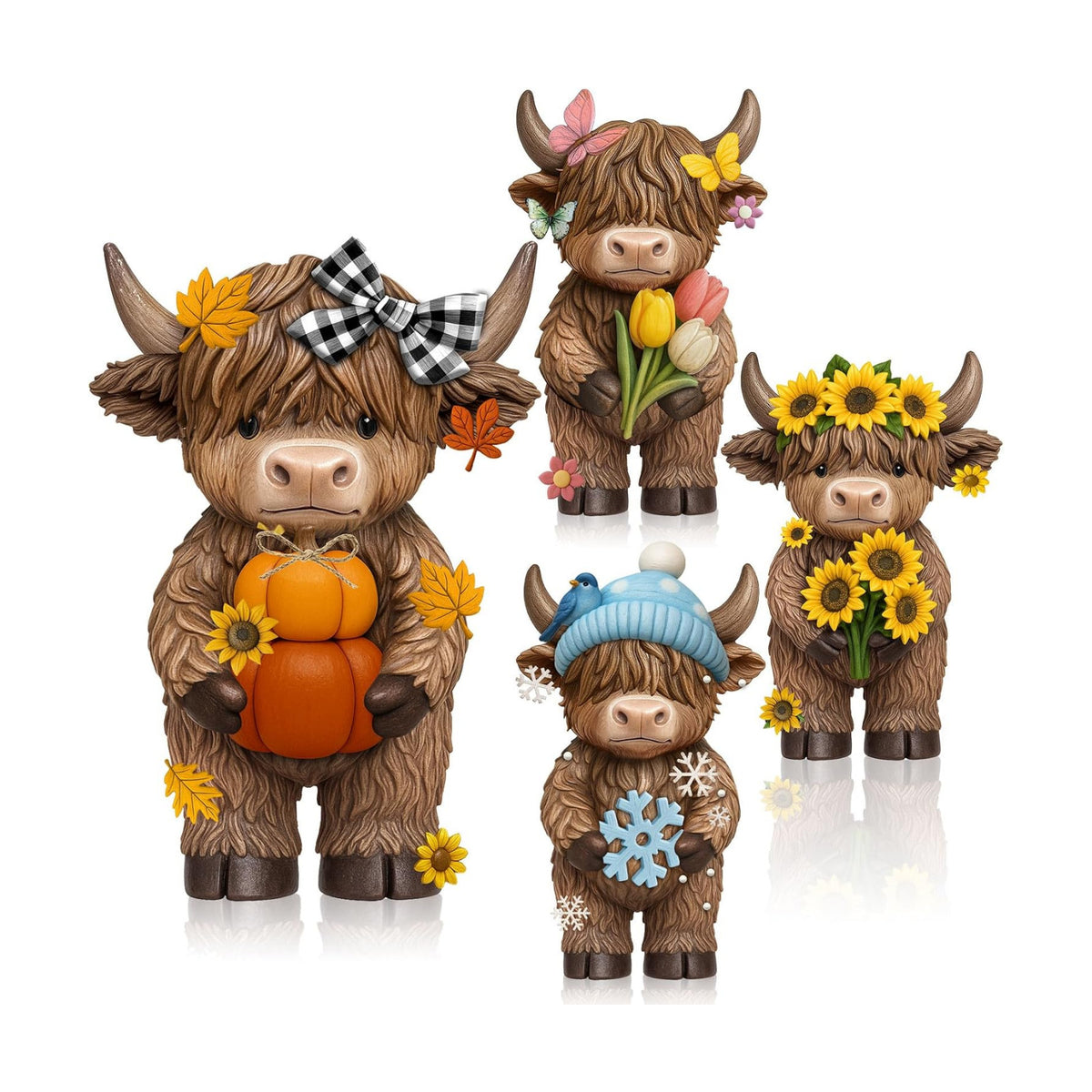 Simgoing 4 Pcs Seasonal Highland Cow Figurines, Spring Summer Fall Winter Gnomes 4 Seasons Highland Cow Home Decor Table Centerpieces Scottish Resin Statue Calf Gifts for Home Garden Kitchen Office