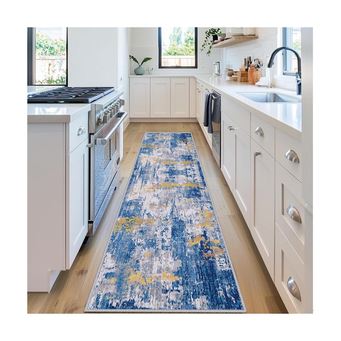 RELEANY Washable Runner 2'x6' Abstract Area Rug for Hallway Blue Gold